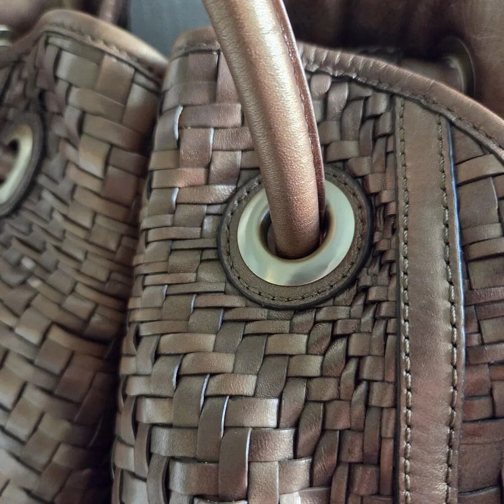 COLE HAAN Genevieve Denney bronze leather Boho Handbag Satchel Woven Large Tote